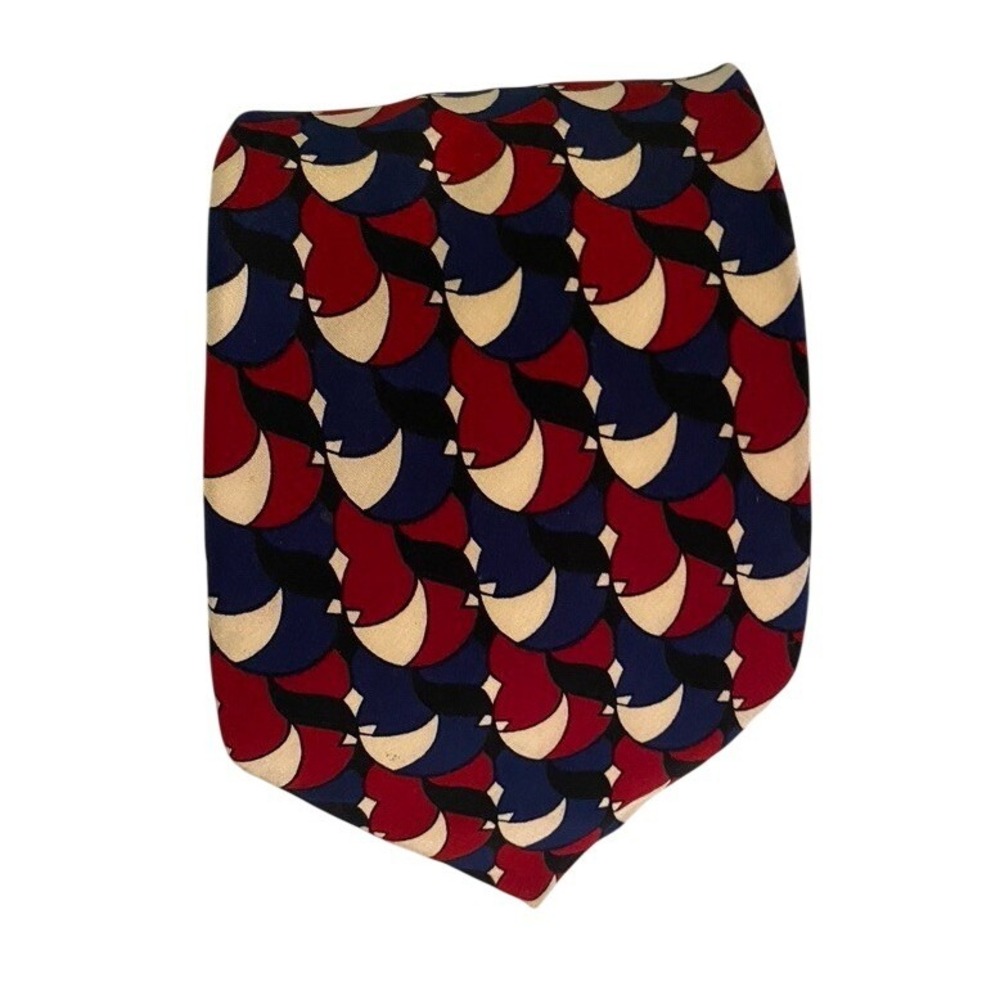 Brandini Mens Silk Tie Navy Blue Burgundy Red Cream Geometric Pattern USA Made